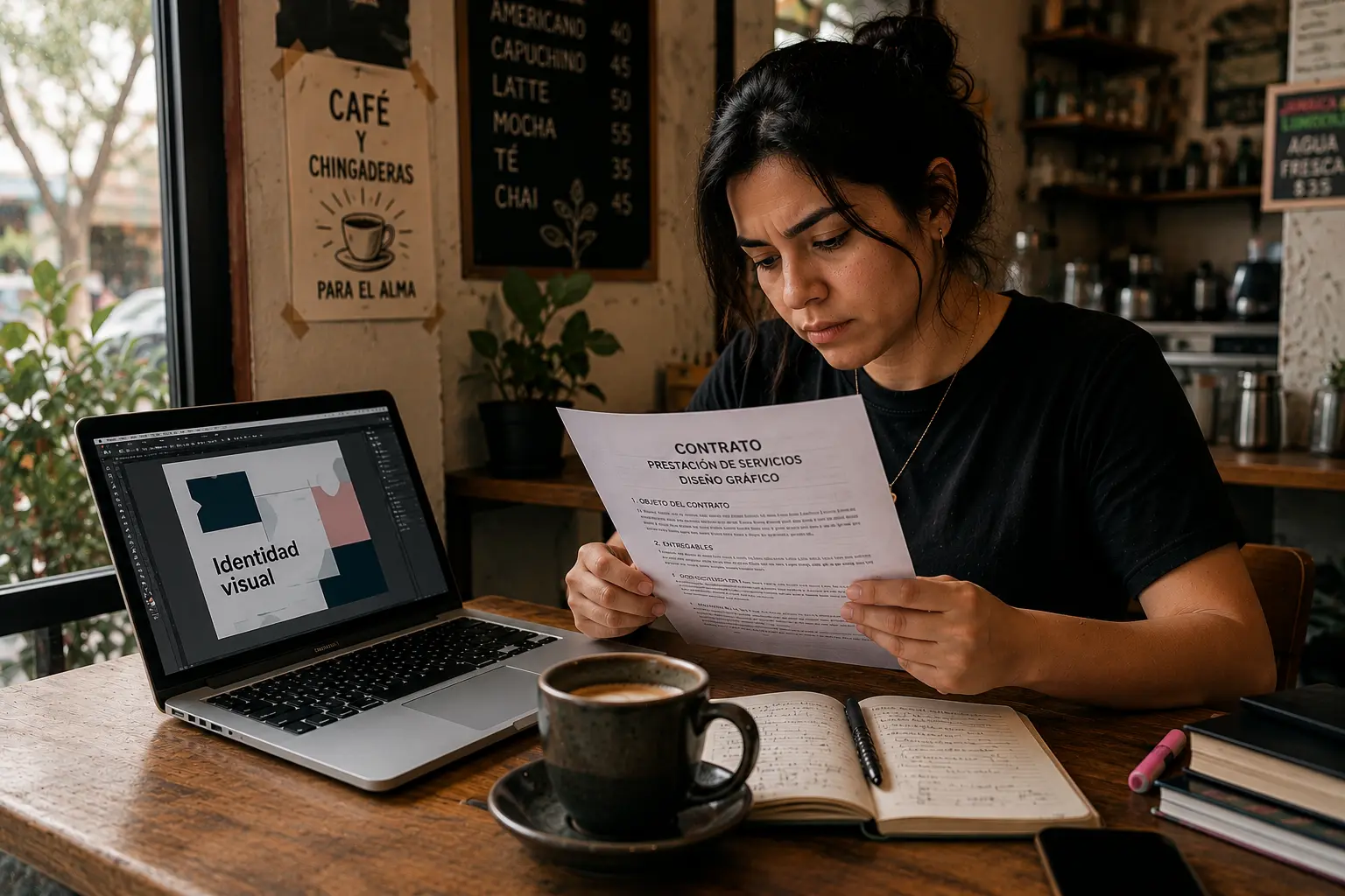 Diseñadora freelance revisando en una cafetería un contrato de prestación de servicios de diseño gráfico impreso, con su proyecto de identidad visual abierto en la laptop