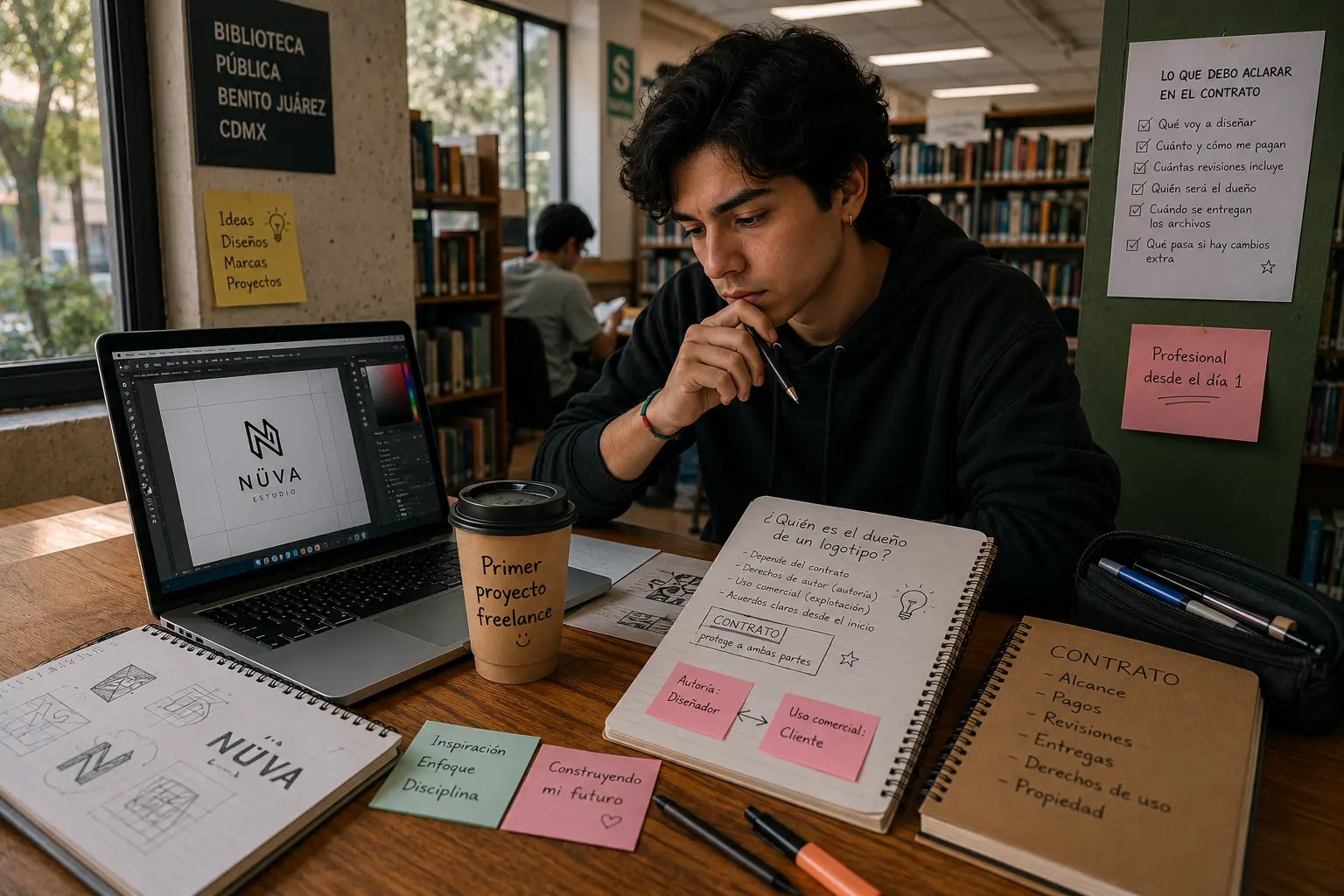 Diseñador freelance trabajando en el logotipo de un cliente en su laptop, junto a una libreta con notas sobre autoría, uso comercial y puntos que debe aclarar un contrato