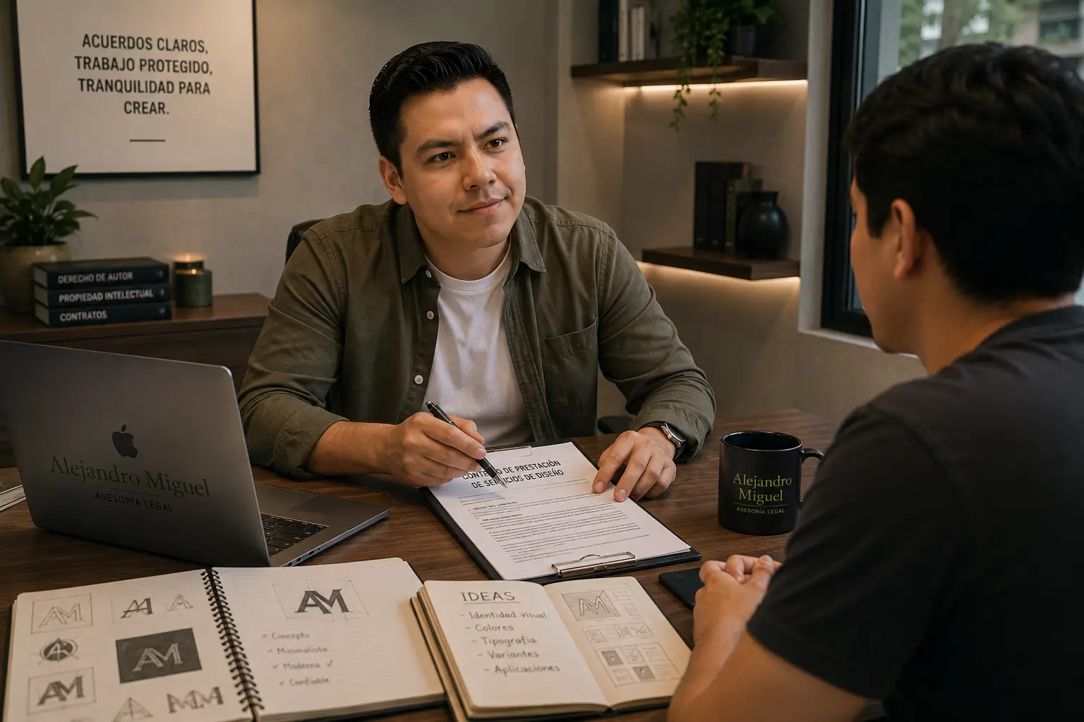 Abogado de Alejandro Miguel Asesoría Legal revisando con un diseñador un contrato de prestación de servicios de diseño, con bocetos de logotipo sobre el escritorio