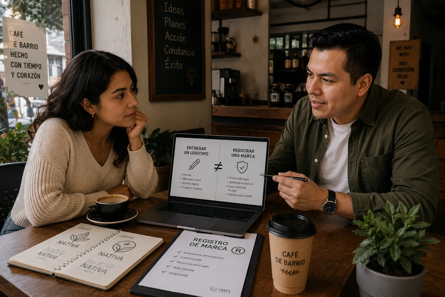 Diseñadora y abogado conversando en una cafetería frente a una laptop que muestra la diferencia entre entregar un logotipo y registrar una marca, junto a un checklist de registro de marca ante el IMPI