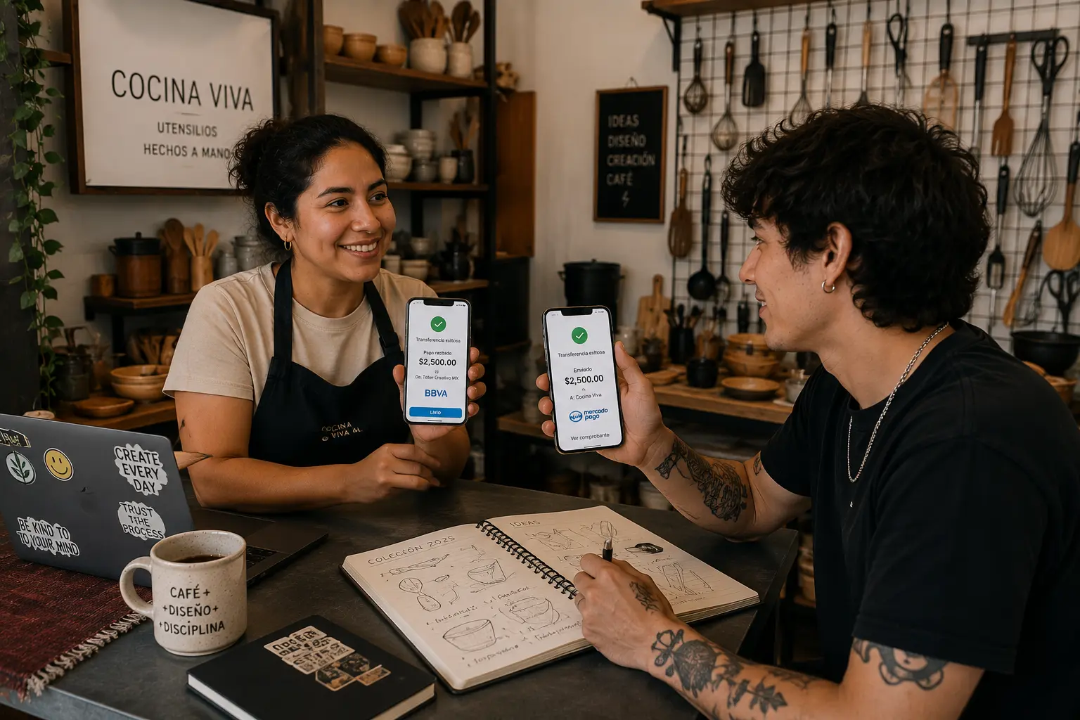 Diseñadora freelance y su clienta mostrándose por teléfono la confirmación de una transferencia de anticipo de $2,500.00, con una libreta de bocetos de producto sobre la mesa